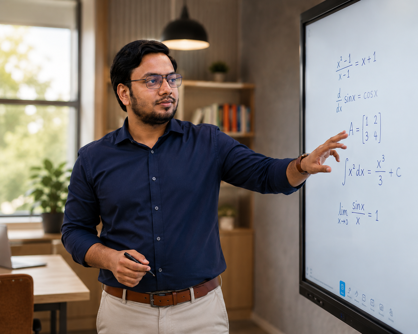 Student's hand writing calculus formulas in a notebook with a digital tablet showing graphs in the background